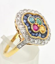 Load image into Gallery viewer, Vintage: 18ct Gold Art Deco Style  Harlequin Multi-Gem Diamonds Cluster Ring- Rainbow beauty
