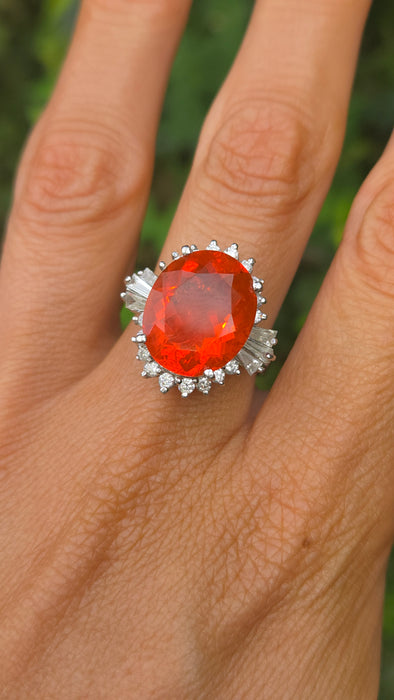 Vintage: 14ct White Gold Fire Opal 7.42ct & Diamond 1.44ct Dress Ring