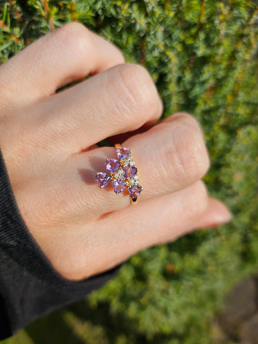 1497: Vintage: Rare 18ct Gold Lilac Amethyst Diamonds Tiered Ring- eclectic elegance