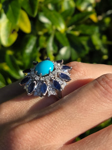 2269: Vintage: 14ct White Gold Turquoise, Blue Sapphires, 56 Diamonds Statement Cluster Ring