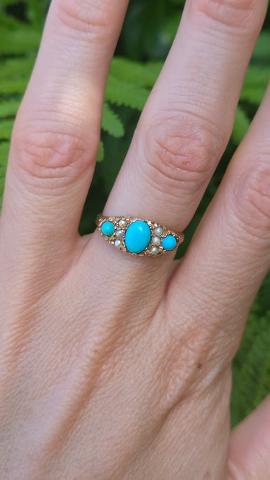 Vintage: 9ct Gold Turquoise Seed Pearls Dress Ring — From 1976
