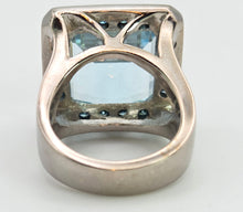 Load image into Gallery viewer, VINTAGE; 14ct White Gold Large Emerald Cut Aquamarine (13.9ct) , Blue Diamonds Statement Cocktail Ring
