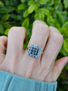 0692: Vintage: 9ct Gold Amethysts Blue Diamonds Cocktail Ring- exquisite symmetry