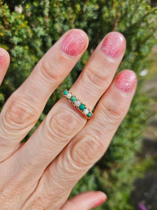 6486 Vintage: 14ct Yellow Gold Turquoise & Seed Pearl Half-Eternity Ring