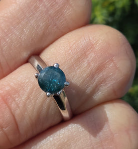 2186: Vintage; 18ct White Gold Round Full Cut Blue Natural Diamond Solitaire Ring