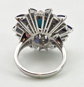 2269: Vintage: 14ct White Gold Turquoise, Blue Sapphires, 56 Diamonds Statement Cluster Ring