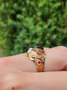 1472: Antique: 22ct Gold Mult-Gem "Bombe" Ring- Moonstones, Turquoise, Ruby- Wonderful