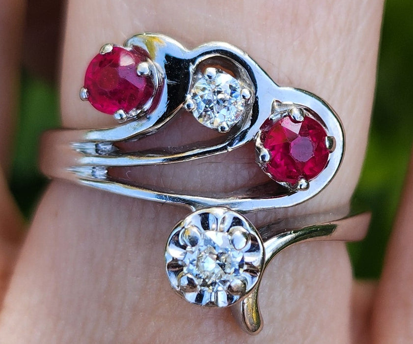 6842 Vintage; 14ct White Gold Rubies Diamonds  Openwork Bypass Dress Ring