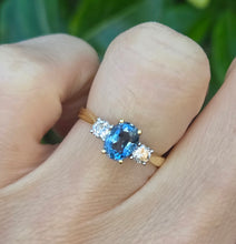 Load image into Gallery viewer, 18ct Gold Ceylon Blue Sapphire (1.1ct) Diamonds (0.33ct) 3-Stone  Ring
