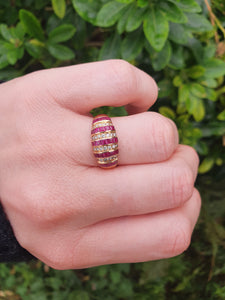 5984: Vintage: 18ct Gold Art Deco Style Rubies Diamonds Cocktail Ring- sparkling symmetry, lovely stones