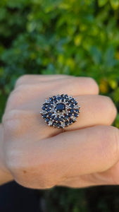 Vintage Statement 30 Blue Sapphires Diamonds Cocktail Cluster Ring