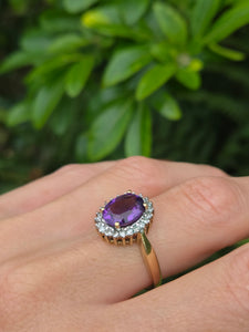 1917: Vintage: 9ct Gold purple Amethyst 22 Diamonds Halo Ring- Sparkling beauty