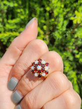 Load image into Gallery viewer, 1596: Vintage:&nbsp; 9ct Gold White Opals Red Garnets Flowerhead Cluster Ring- From 1972
