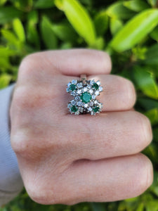 7410: Vintage; 18 White Gold Emeralds Diamonds Statement Cocktail&nbsp; Ring- Fabulous