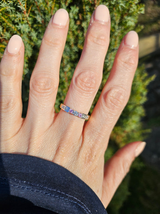 6329  Vintage: 18ct Gold Pink Sapphires Brilliant Cut Diamonds Stacker Ring