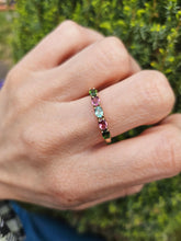 Load image into Gallery viewer, 1578: Vintage: 9ct Gold Aquamarine, Tsavorites, Rubellites Stacker Ring- rare, perfectly paired
