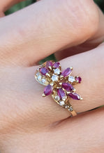 Cargar imagen en el visor de la galería, 2453 Vintage: 14ct Gold Rubies Diamonds Floral Cluster Ring- From 1972
