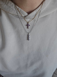 0817: Vintage: 9ct Gold Necklace (40cm) Amethysts Diamond Cross Pendant- exquisite