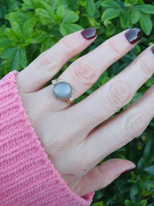 7060: Vintage: 9ct Gold Large White Moonstone Sapphire Accents Cocktail Ring- lovely colours