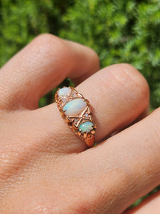 1756: Antique: 9ct Rose Gold Vivid White Opals Diamonds Boat Ring- From 1912