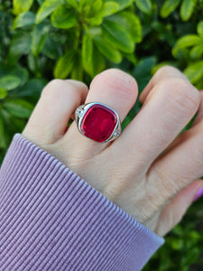 9048: Vintage & Old: Substantial Platinum Ruby (5ct) Diamonds Signet Ring- a proper statement piece