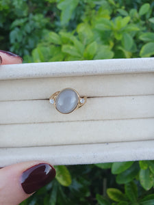 7060: Vintage: 9ct Gold Large White Moonstone Sapphire Accents Cocktail Ring- lovely colours