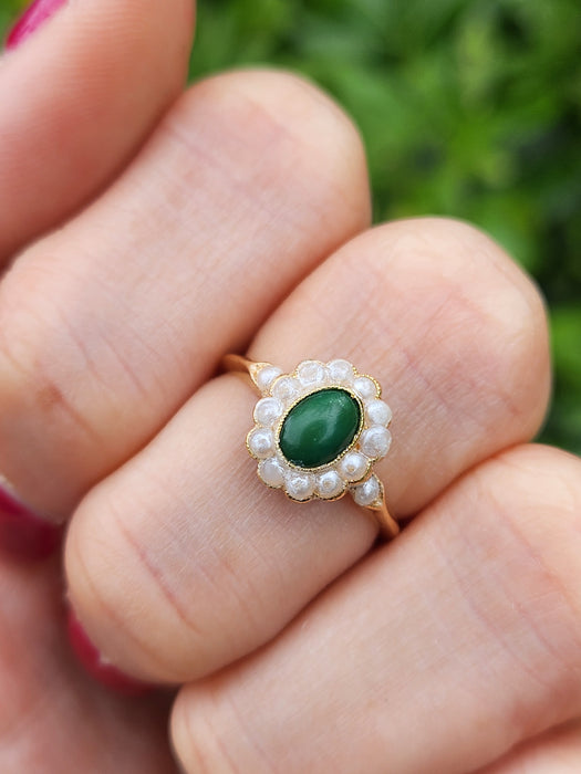 1901: Antique: 18ct Gold Green Jade Seed Pearls Cluster Ring- Petite, Elegant, Cute