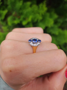 9102: Antique: 18ct Gold Art Deco Cornflower Blue Sapphires Diamonds Geometric Set Ring - almost 100 years