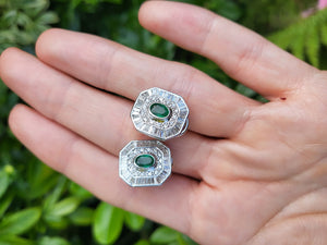 8279: Vintage: Thrilling 18ct White Gold Art Deco Style Emeralds Diamonds EarringsA