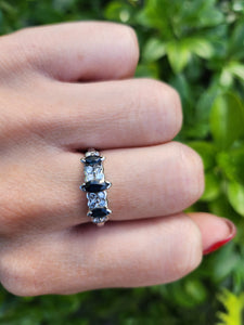 A8005: Vintage: 18ct White Gold Marquise Cut Blue Sapphires 16 Diamonds Dress/Stacker Ring- lovely symmetry