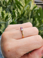 Load image into Gallery viewer, 1528: Vintage; 18ct Gold Ruby Round Cut Diamonds 3- Stone Ring- a very fine example
