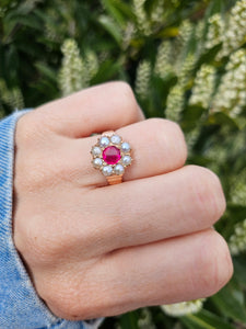 1447: Antique: 15ct Gold Ruby Pearls Flower Head Ring- Over 100 years old