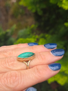 6210: Vintage:  9ct Gold Green Marquise Malachite Ring- From 1969