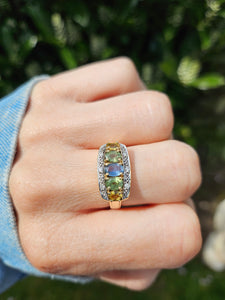 1463: Vintage: 9ct Gold Mixed Coloured Topaz Diamonds Cocktail Ring- lovely combination