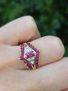 0714: Vintage: 14ct Gold Art Deco Style Rubies Diamonds Cluster Ring- striking design