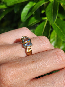 1980: Vintage; 9ct Gold Blue Aquamarines Trilogy Ring- beautifully balanced blue