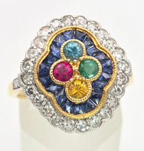 Load image into Gallery viewer, Vintage: 18ct Gold Art Deco Style  Harlequin Multi-Gem Diamonds Cluster Ring- Rainbow beauty
