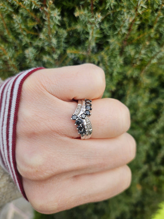 1436: Vintage: 9ct White Gold Black White Diamonds Cocktail Ring-Lush