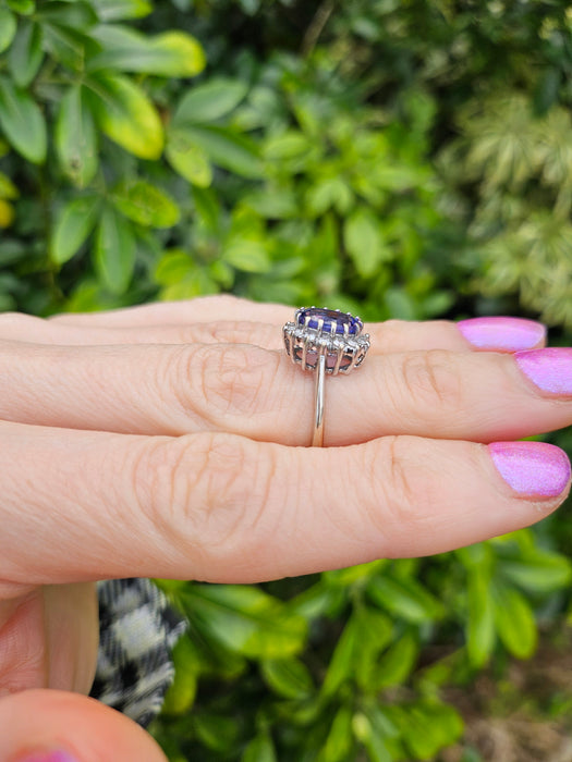 6500 Vintage: 18ct White Gold 2.06ct Tanzanite & Diamond Halo Cluster Ring