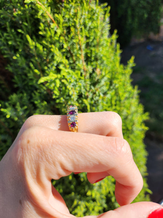 6519 Vintage: 18ct Yellow Gold Ruby & Diamond Five-Stone Carved Half Hoop Ring — From 1978