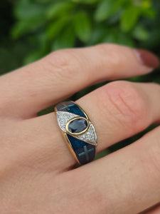 2149: Vintage: 9ct Gold Blue Sapphire, Enamel Diamonds Art Deco Style Ring- Geometric beauty