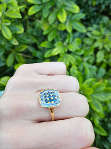 0692: Vintage: 9ct Gold Amethysts Blue Diamonds Cocktail Ring- exquisite symmetry