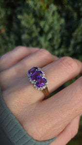 6196: Vintage: 9ct Gold Purple Amethysts 28 Diamonds Halos Dress Ring