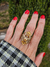 Load image into Gallery viewer, 0404: Vintage: Statement 9ct Gold Marquise Cut Yellow Citrine 14 Diamonds Openwork Ring
