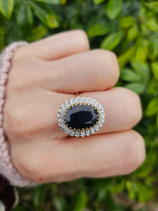 0988: Vintage: 9ct Gold 24 Diamonds Large Blue Sapphire Lady Diana Ring- extremely popular&nbsp;