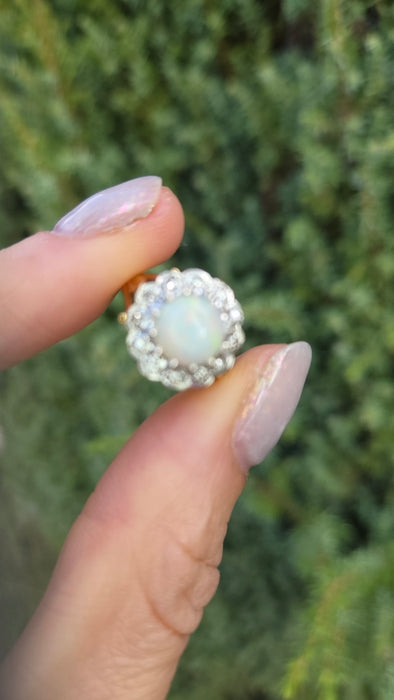 6419 18ct Gold Vivid White Opal 12 Natural Diamonds Halo Ring