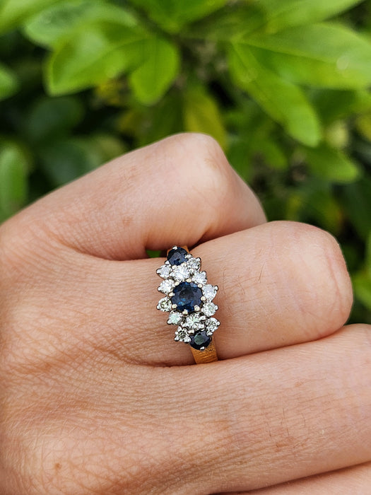 1802: Vintage: 18ct Gold French Blue Sapphirea Diamonds Trilogy Ring - a substantial sparkling beauty.
