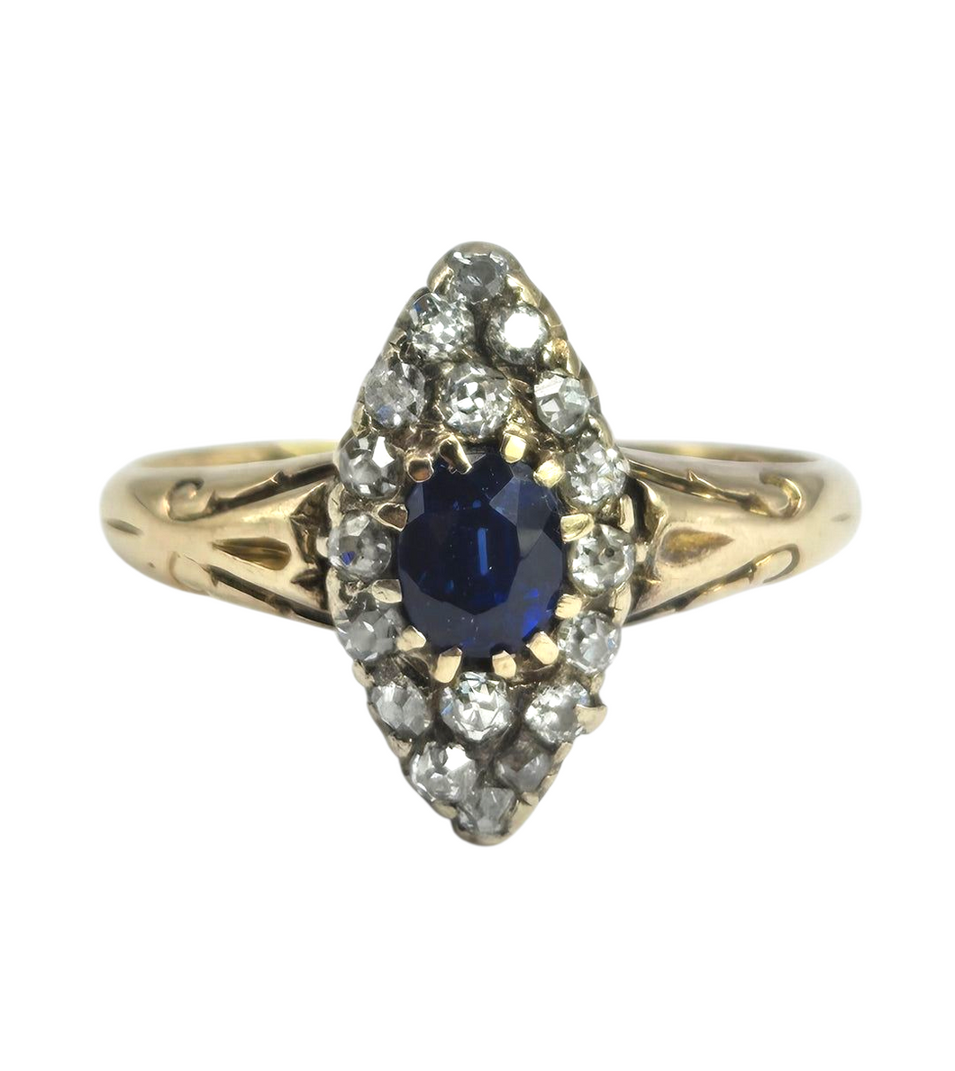2139: Vintage; 18ct Gold Art Deco Marquise Sapphire Diamonds Cluster Ring