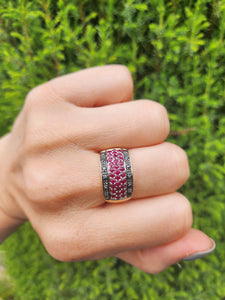 0315: Vintage: 9ct Gold Black Diamonds Rubies Statement Ring- a remarkable combination,