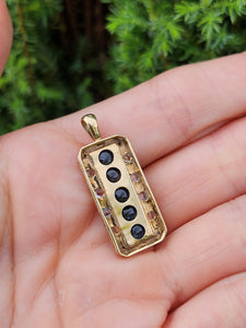 1777: Vintage: Heavy 9ct Gold Sapphires Diamonds Topaz Ingot Pendant- lovely symmetry